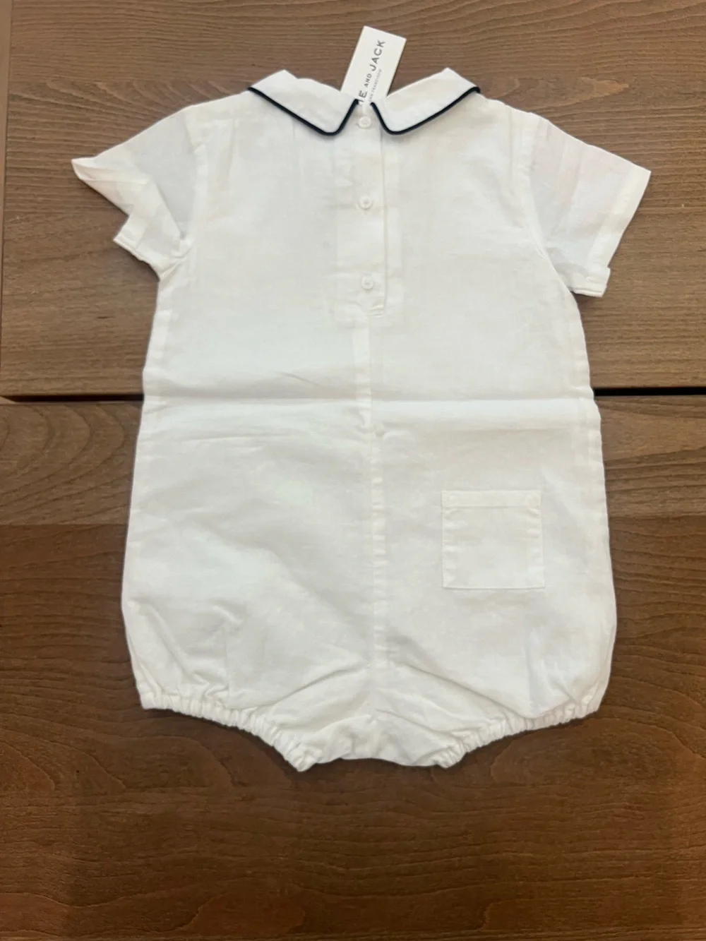 Janie and Jack White Infant Romper with Navy Piping